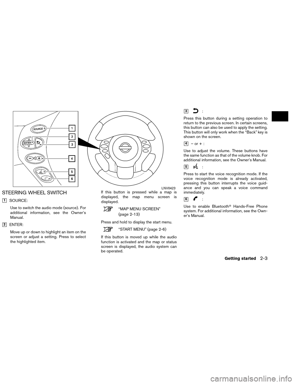 NISSAN ALTIMA COUPE 2013 D32 / 4.G Navigation Manual STEERING WHEEL SWITCH
1SOURCE:Use to switch the audio mode (source) . For
additional information, see the Owner’s
Manual.
2ENTER:Move up or down to highlight an item on the
screen or adjust a sett