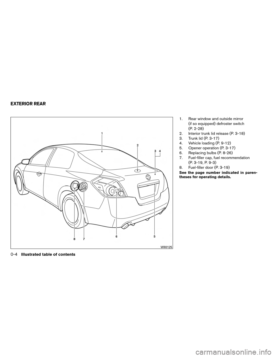 NISSAN ALTIMA COUPE 2013 D32 / 4.G Owners Manual 1. Rear window and outside mirror(if so equipped) defroster switch
(P. 2-28)
2. Interior trunk lid release (P. 3-18)
3. Trunk lid (P. 3-17)
4. Vehicle loading (P. 9-12)
5. Opener operation (P. 3-17)
6