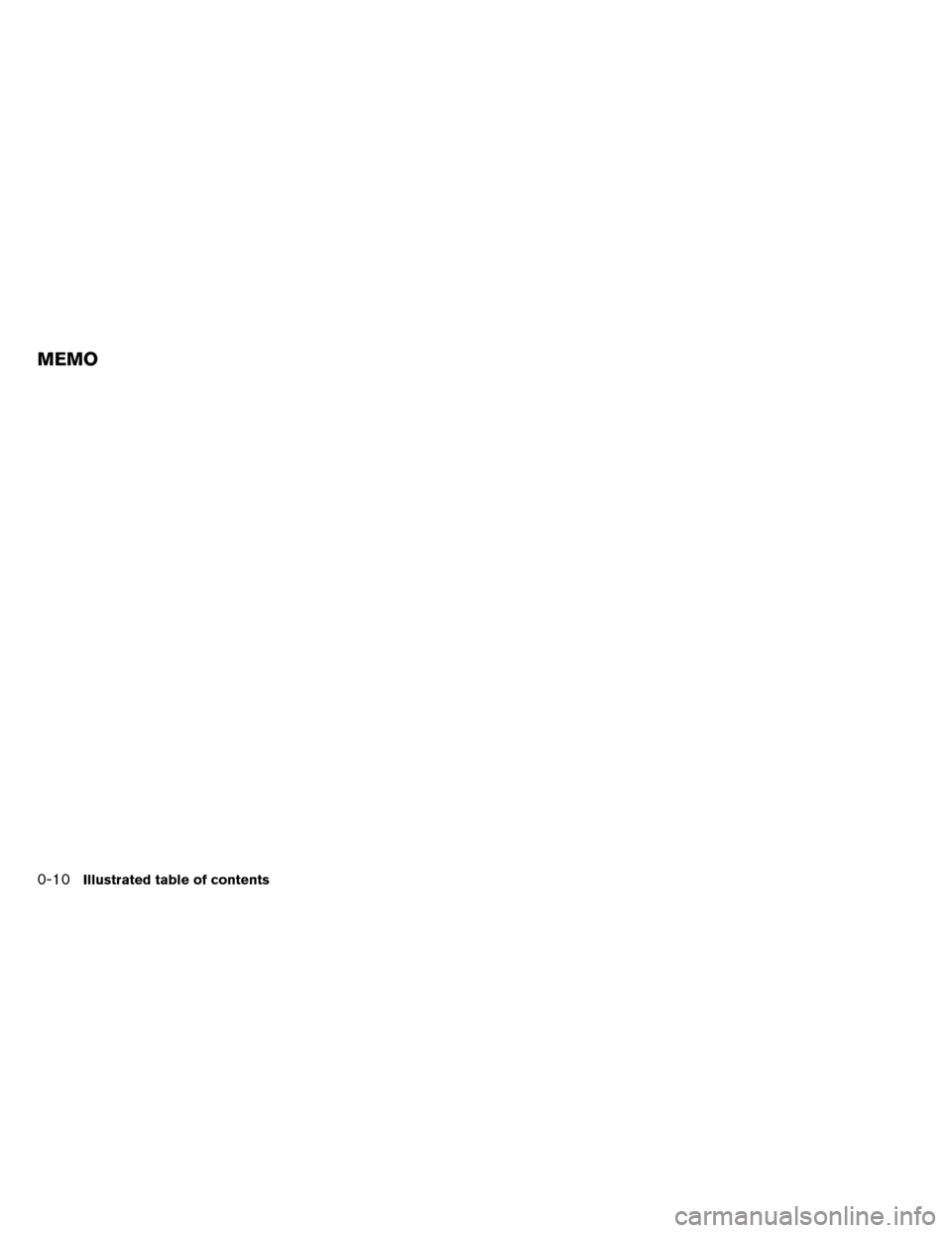 NISSAN ALTIMA COUPE 2013 D32 / 4.G User Guide MEMO
0-10Illustrated table of contents 