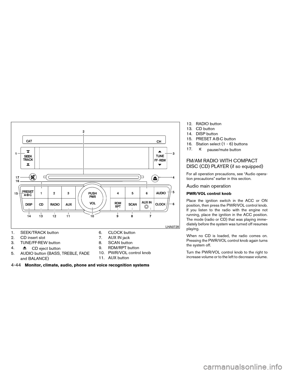 NISSAN ALTIMA COUPE 2013 D32 / 4.G Owners Manual 1. SEEK/TRACK button
2. CD insert slot
3. TUNE/FF·REW button
4.
CD eject button
5. AUDIO button (BASS, TREBLE, FADE
and BALANCE) 6. CLOCK button
7. AUX IN jack
8. SCAN button
9. RDM/RPT button
10. PW