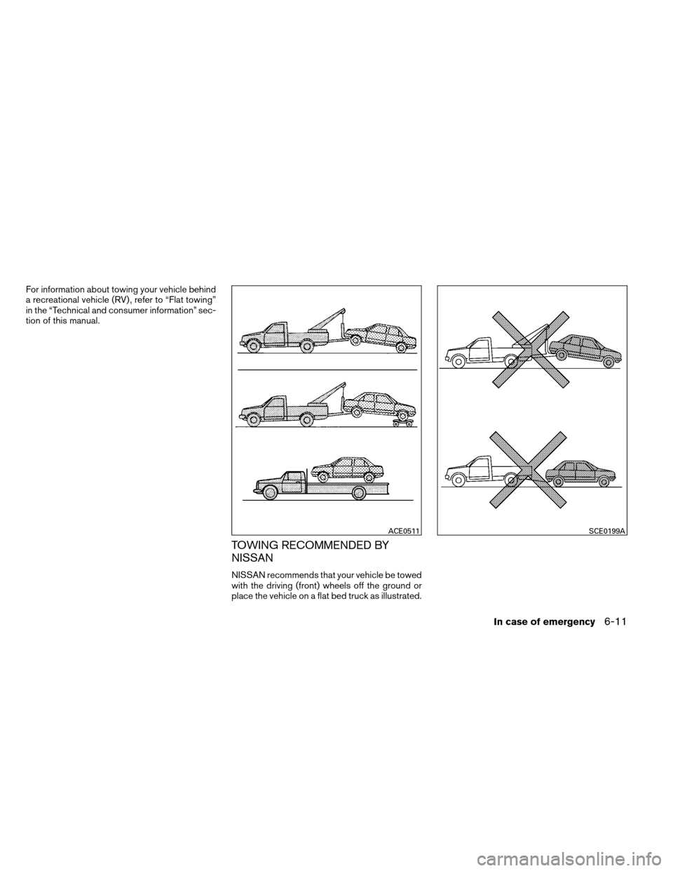 NISSAN ALTIMA COUPE 2013 D32 / 4.G Owners Manual For information about towing your vehicle behind
a recreational vehicle (RV) , refer to “Flat towing”
in the “Technical and consumer information” sec-
tion of this manual.
TOWING RECOMMENDED B