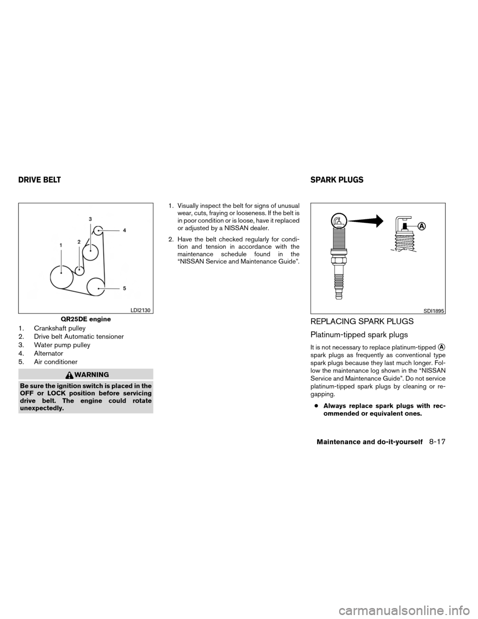 NISSAN ALTIMA COUPE 2013 D32 / 4.G Owners Guide 1. Crankshaft pulley
2. Drive belt Automatic tensioner
3. Water pump pulley
4. Alternator
5. Air conditioner
WARNING
Be sure the ignition switch is placed in the
OFF or LOCK position before servicing
