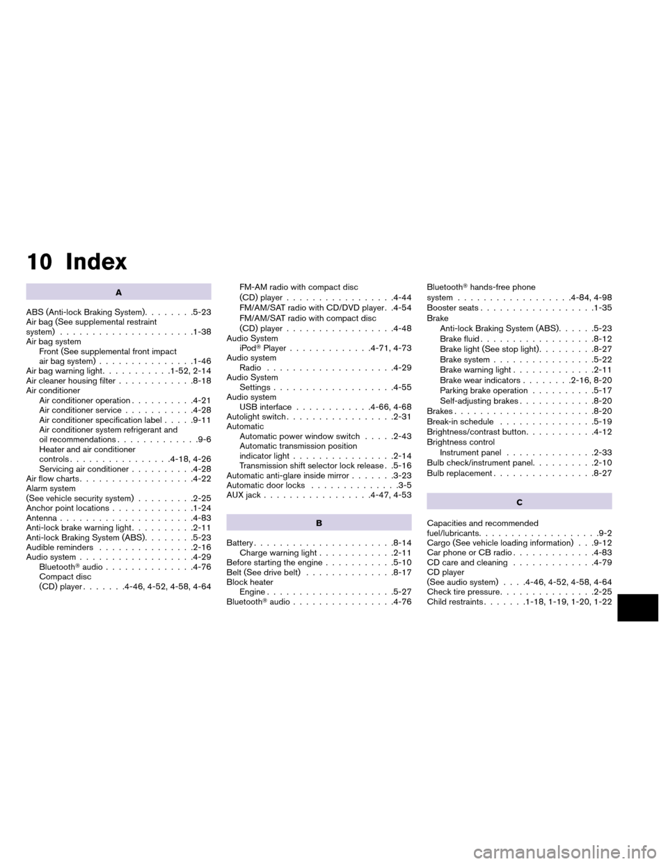 NISSAN ALTIMA COUPE 2013 D32 / 4.G User Guide 10 Index
A
ABS (Anti-lock Braking System) ........5-23
Air bag (See supplemental restraint
system) .....................1-38
Air bag system Front (See supplemental front impact
air bag system) .......