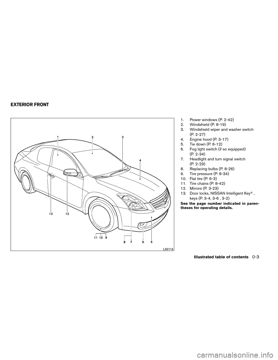 NISSAN ALTIMA COUPE 2013 D32 / 4.G Owners Manual 1. Power windows (P. 2-42)
2. Windshield (P. 8-19)
3. Windshield wiper and washer switch(P. 2-27)
4. Engine hood (P. 3-17)
5. Tie down (P. 6-12)
6. Fog light switch (if so equipped)
(P. 2-34)
7. Headl