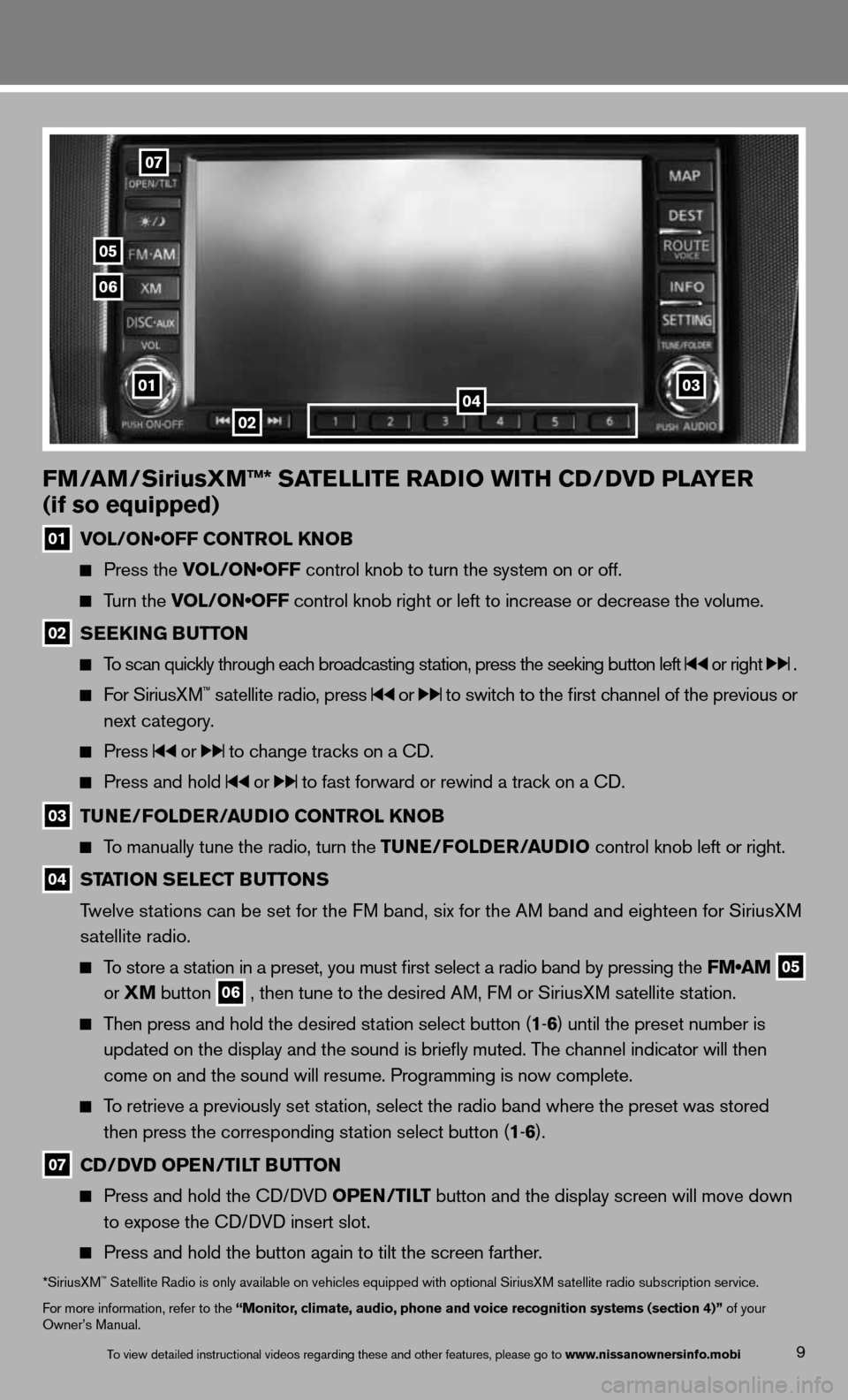 NISSAN ALTIMA COUPE 2013 D32 / 4.G Quick Reference Guide 9
FM/AM/SiriusXM™* SATELLITE RADIO WITh CD/DVD PLAYER 
(if so equipped)
01 VOL/ON•OFF CONTROL KNOB
    Press the VOL/ON•OFF control knob to turn the system on or off. 
  
  Turn the VOL/ON•OFF