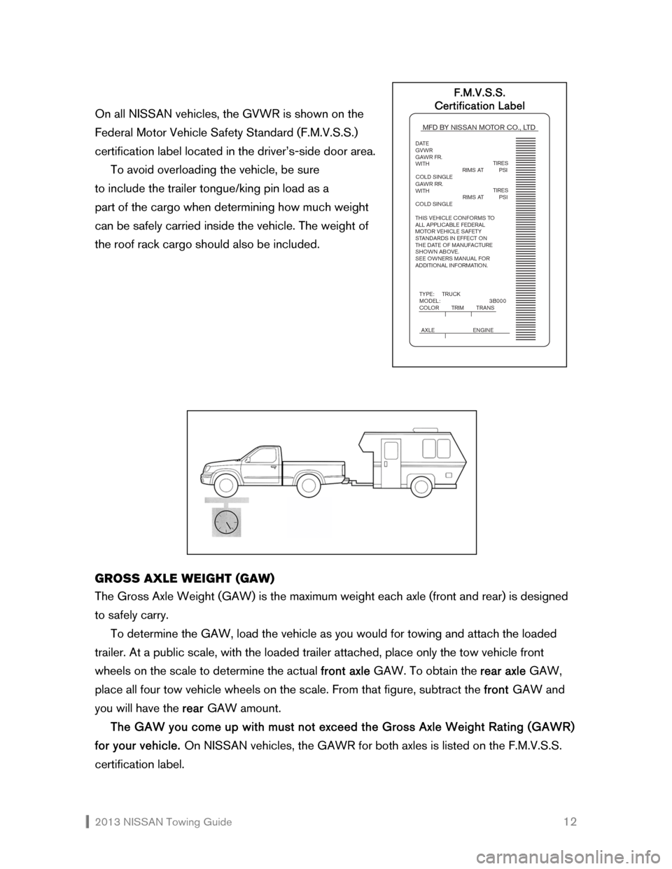 NISSAN ROGUE 2013 2.G Towing Guide  2013 NISSAN Towing Guide    12 On all NISSAN vehicles, the GVWR is shown on the  
Federal Motor Vehicle Safety Standard (F.M.V.S.S.) 
certification label located in the driver’s-side door area.  
 