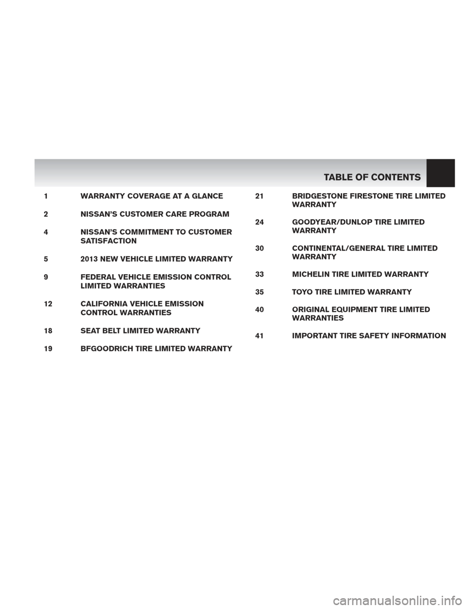 NISSAN FRONTIER 2013 D40 / 2.G Warranty Booklet 1 WARRANTY COVERAGE AT A GLANCE
2 NISSAN’S CUSTOMER CARE PROGRAM
4 NISSAN’S COMMITMENT TO CUSTOMERSATISFACTION
5 2013 NEW VEHICLE LIMITED WARRANTY
9 FEDERAL VEHICLE EMISSION CONTROL LIMITED WARRAN