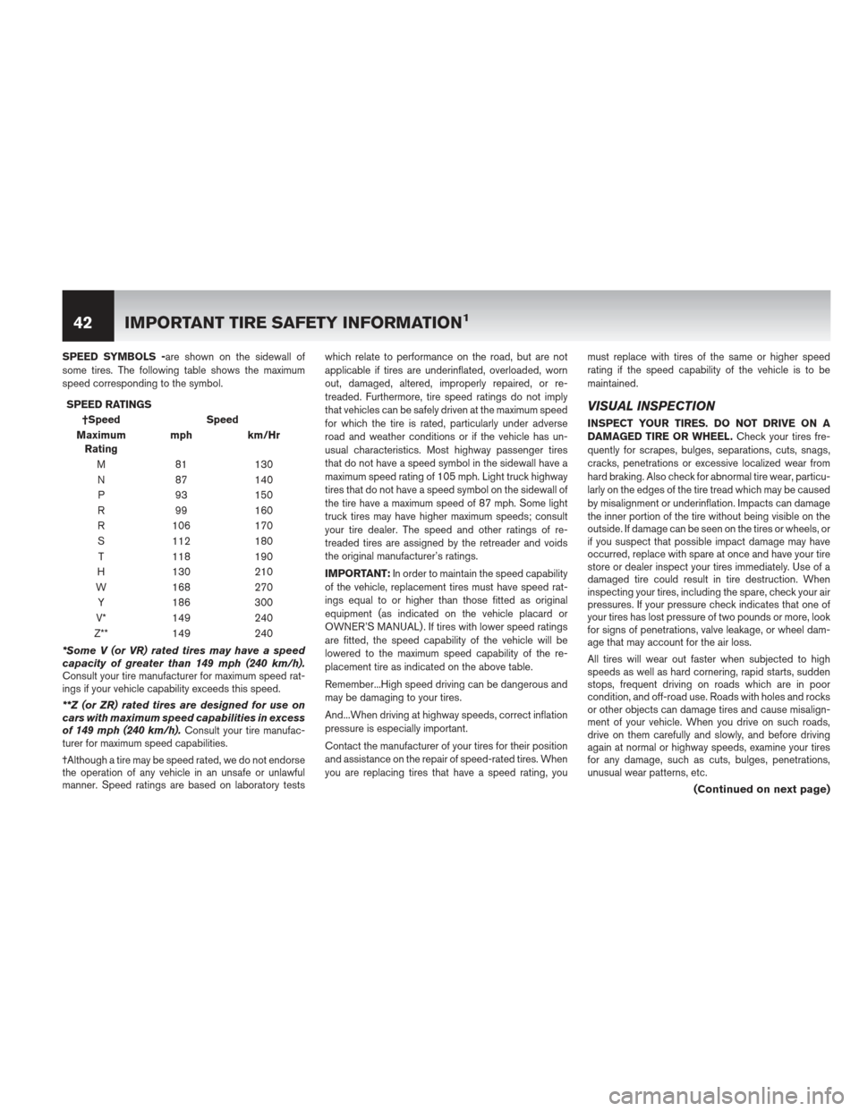 NISSAN ALTIMA COUPE 2013 D32 / 4.G Warranty Booklet SPEED SYMBOLS -are shown on the sidewall of
some tires. The following table shows the maximum
speed corresponding to the symbol.SPEED RATINGS †Speed Speed
Maximum Rating mph km/Hr
M 81 130
N 87 140
NISSAN ALTIMA COUPE 2013 D32 / 4.G Warranty Booklet SPEED SYMBOLS -are shown on the sidewall of
some tires. The following table shows the maximum
speed corresponding to the symbol.SPEED RATINGS †Speed Speed
Maximum Rating mph km/Hr
M 81 130
N 87 140
