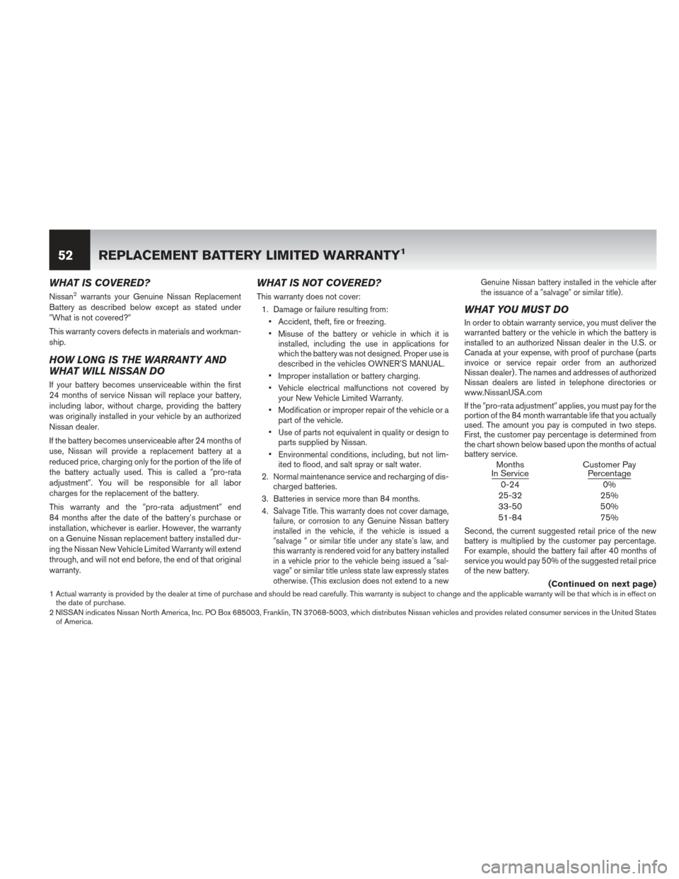 NISSAN MAXIMA 2013 A35 / 7.G Warranty Booklet WHAT IS COVERED?
Nissan2warrants your Genuine Nissan Replacement
Battery as described below except as stated under
What is not covered?
This warranty covers defects in materials and workman-
ship.
H