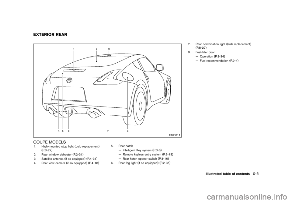 NISSAN 370Z COUPE 2013 Z34 User Guide Black plate (11,1)
[ Edit: 2012/ 4/ 11 Model: Z34-D ]
GUID-15C12572-55E8-46F4-B06C-A977304FDA1D
SSI0811
COUPE MODELSGUID-7CC8A542-5619-4C74-A087-3353F1C040B71. High-mounted stop light (bulb replacemen