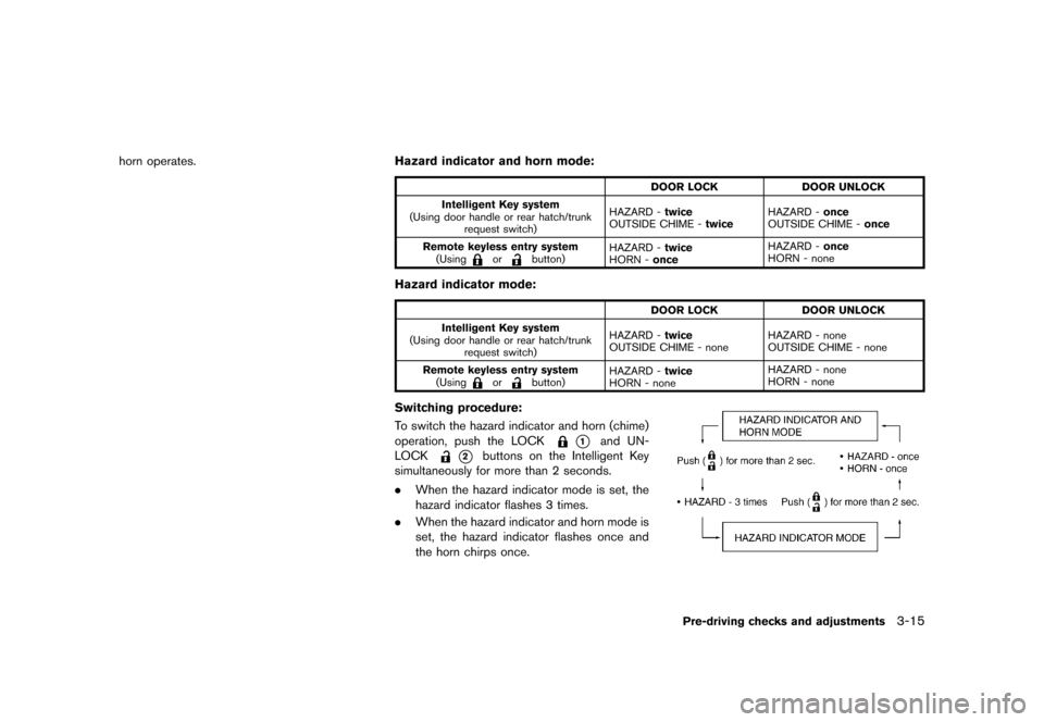 NISSAN 370Z COUPE 2013 Z34 Owners Manual Black plate (135,1)
[ Edit: 2012/ 4/ 11 Model: Z34-D ]
horn operates.Hazard indicator and horn mode:GUID-D73A39BF-43C8-459F-9C24-47B7F579C407
DOOR LOCKDOOR UNLOCK
Intelligent Key system
(Using door ha