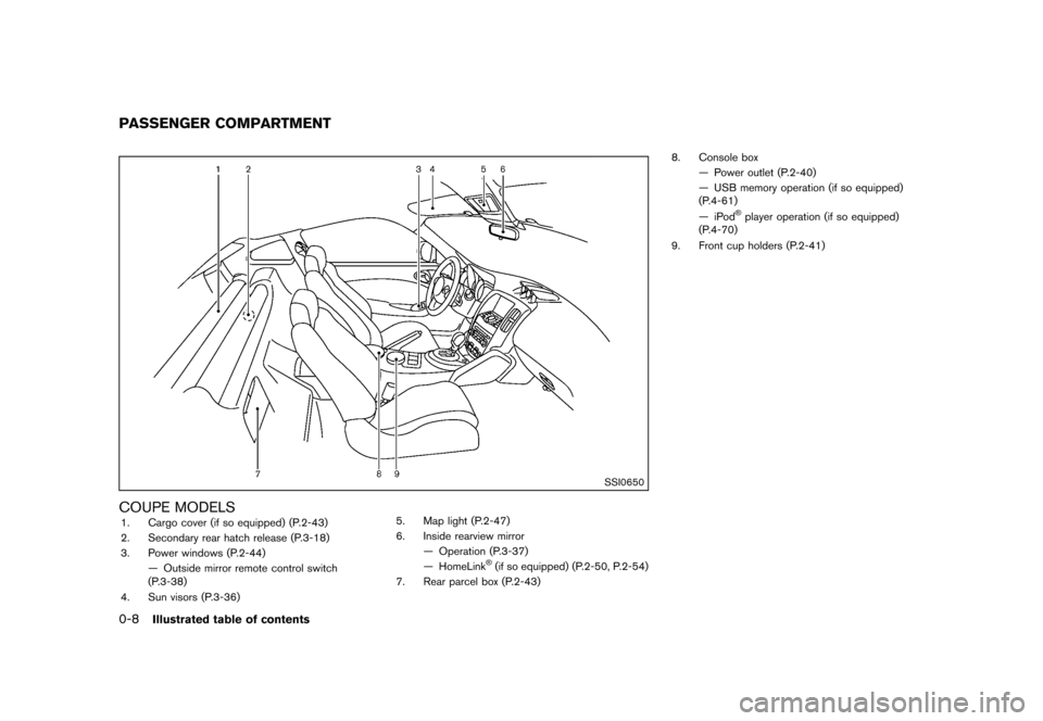 NISSAN 370Z COUPE 2013 Z34 User Guide Black plate (14,1)
[ Edit: 2012/ 4/ 11 Model: Z34-D ]
0-8Illustrated table of contents
GUID-6681D1F9-0BDF-4F50-B0F0-15FE722D7B06
SSI0650
COUPE MODELSGUID-244235E9-DC02-4133-8F93-8CD58B30FA021. Cargo c