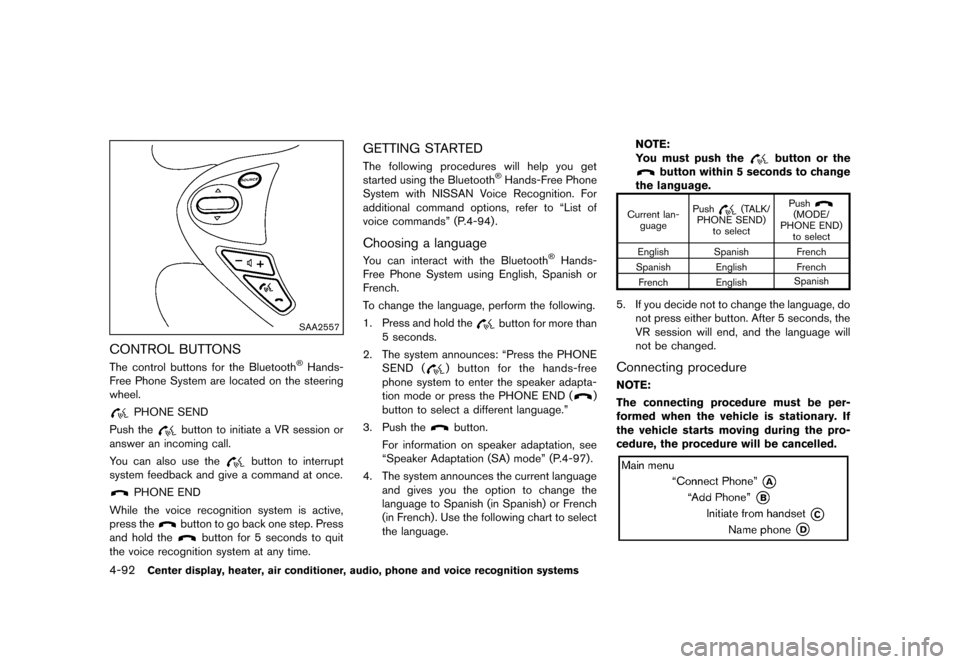 NISSAN 370Z COUPE 2013 Z34 User Guide Black plate (252,1)
[ Edit: 2012/ 4/ 11 Model: Z34-D ]
4-92Center display, heater, air conditioner, audio, phone and voice recognition systems
SAA2557
CONTROL BUTTONSGUID-BB2D251B-CDFB-4629-A668-91826