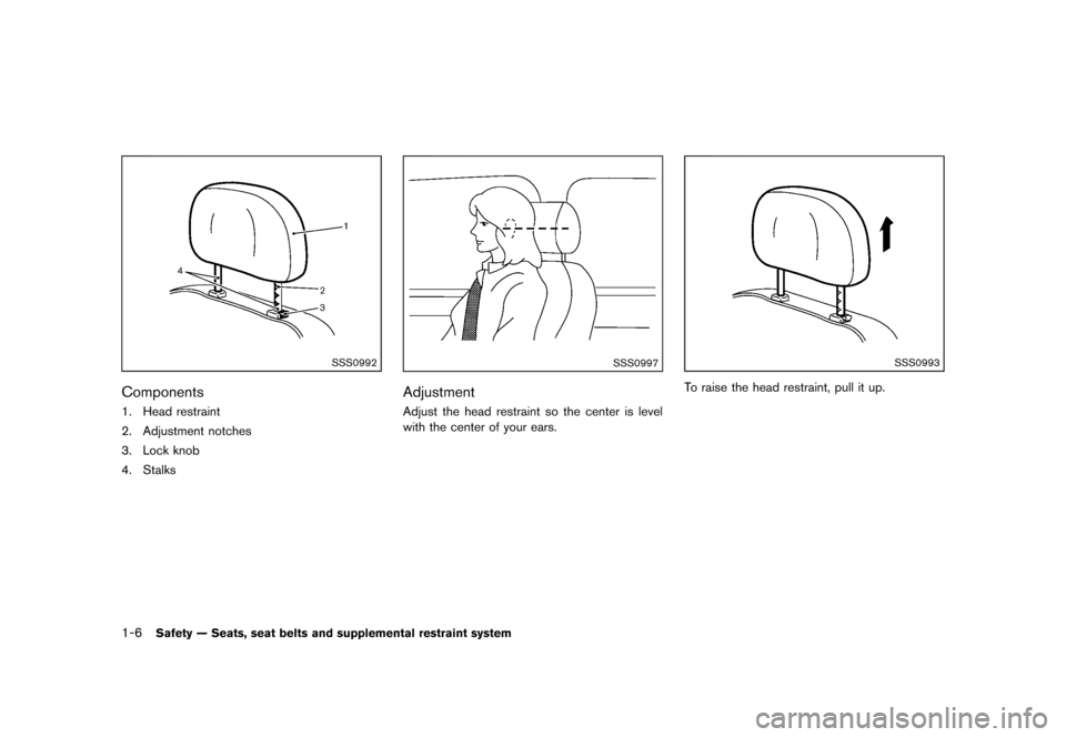 NISSAN 370Z COUPE 2013 Z34 Owners Manual Black plate (26,1)
[ Edit: 2012/ 4/ 11 Model: Z34-D ]
1-6Safety — Seats, seat belts and supplemental restraint system
SSS0992
ComponentsGUID-B1205C36-6780-42F8-9197-12134298DEE81. Head restraint
2. 