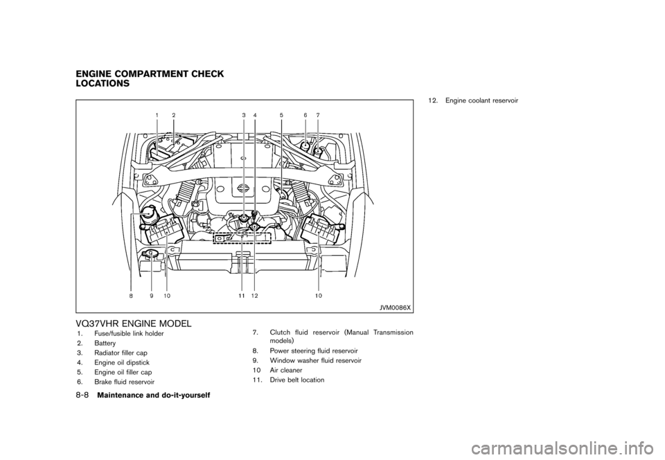 NISSAN 370Z COUPE 2013 Z34 User Guide Black plate (356,1)
[ Edit: 2012/ 4/ 11 Model: Z34-D ]
8-8Maintenance and do-it-yourself
GUID-7EA2D50B-7A0C-4012-9C54-7BD3CF10A3D8
JVM0086X
VQ37VHR ENGINE MODELGUID-E1841C16-4100-4792-B654-1F167FCA4F2