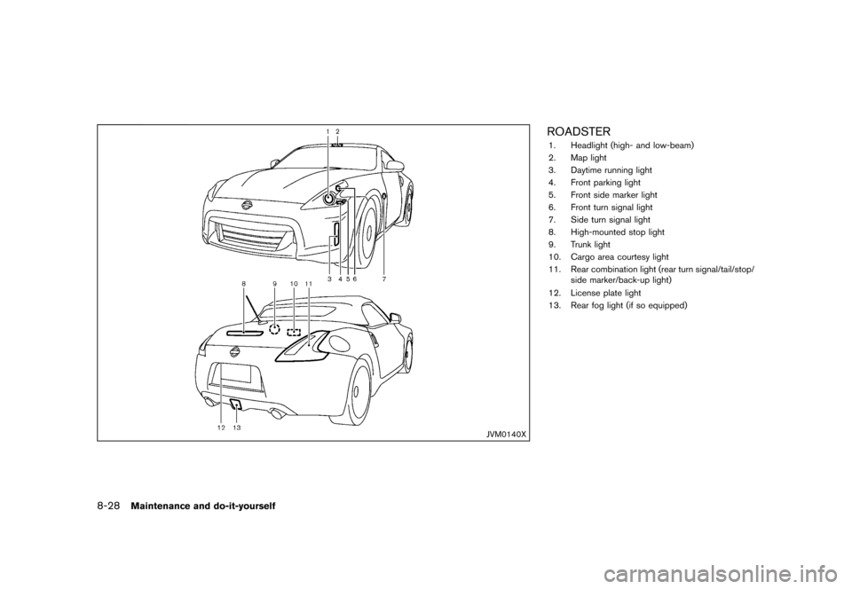 NISSAN 370Z COUPE 2013 Z34 Owners Manual Black plate (376,1)
[ Edit: 2012/ 4/ 11 Model: Z34-D ]
8-28Maintenance and do-it-yourself
JVM0140X
ROADSTERGUID-DD6E3D5F-4BF6-4D01-9DFF-ADB1800DCFEF1. Headlight (high- and low-beam)
2. Map light
3. Da