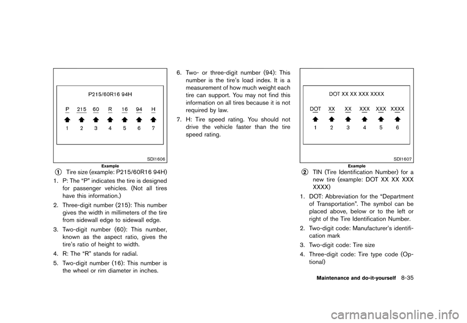 NISSAN 370Z COUPE 2013 Z34 Owners Manual Black plate (383,1)
[ Edit: 2012/ 4/ 11 Model: Z34-D ]
SDI1606
Example
*1Tire size (example: P215/60R16 94H)
1. P: The “P” indicates the tire is designedfor passenger vehicles. (Not all tires
have