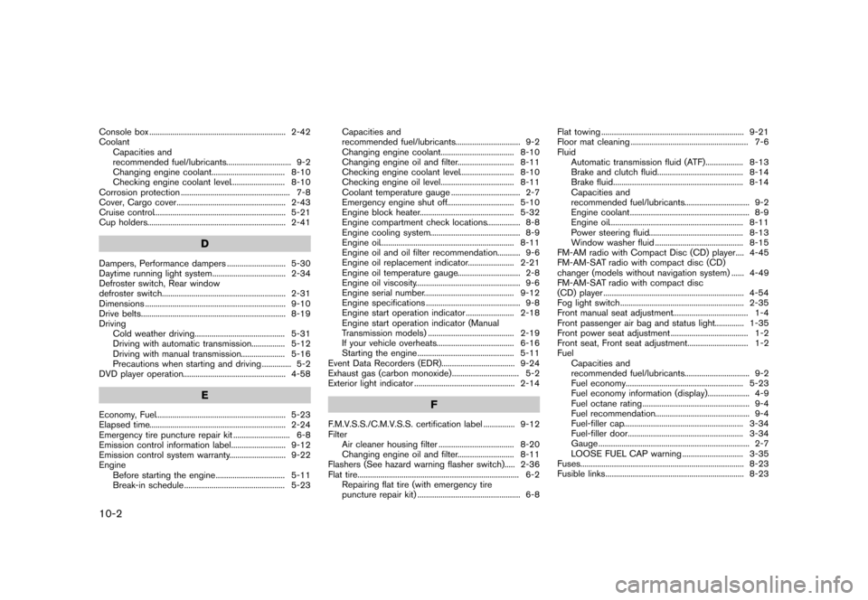 NISSAN 370Z COUPE 2013 Z34 Owners Manual Black plate (418,1)
[ Edit: 2012/ 4/ 11 Model: Z34-D ]
10-2
Console box...
................................................................. 2-42
Coolant Capacities and
recommended fuel/lubricants ...