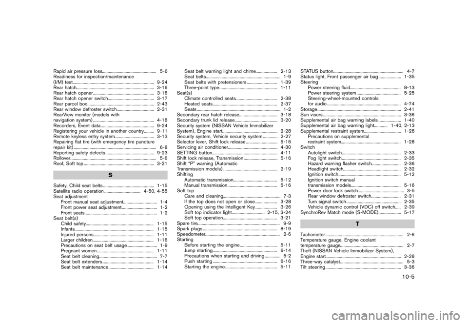 NISSAN 370Z COUPE 2013 Z34 User Guide Black plate (421,1)
[ Edit: 2012/ 4/ 11 Model: Z34-D ]
Rapid air pressure loss...
................................................ 5-6
Readiness for inspection/maintenance
(I/M) test ...
.............