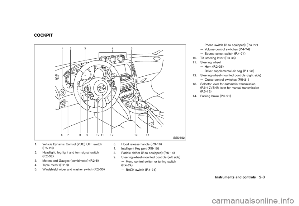 NISSAN 370Z COUPE 2013 Z34 Owners Manual Black plate (65,1)
[ Edit: 2012/ 4/ 11 Model: Z34-D ]
GUID-DACA7269-B34B-4621-8C57-828D42730C1C
SSI0652
1. Vehicle Dynamic Control (VDC) OFF switch(P.5-28)
2. Headlight, fog light and turn signal swit