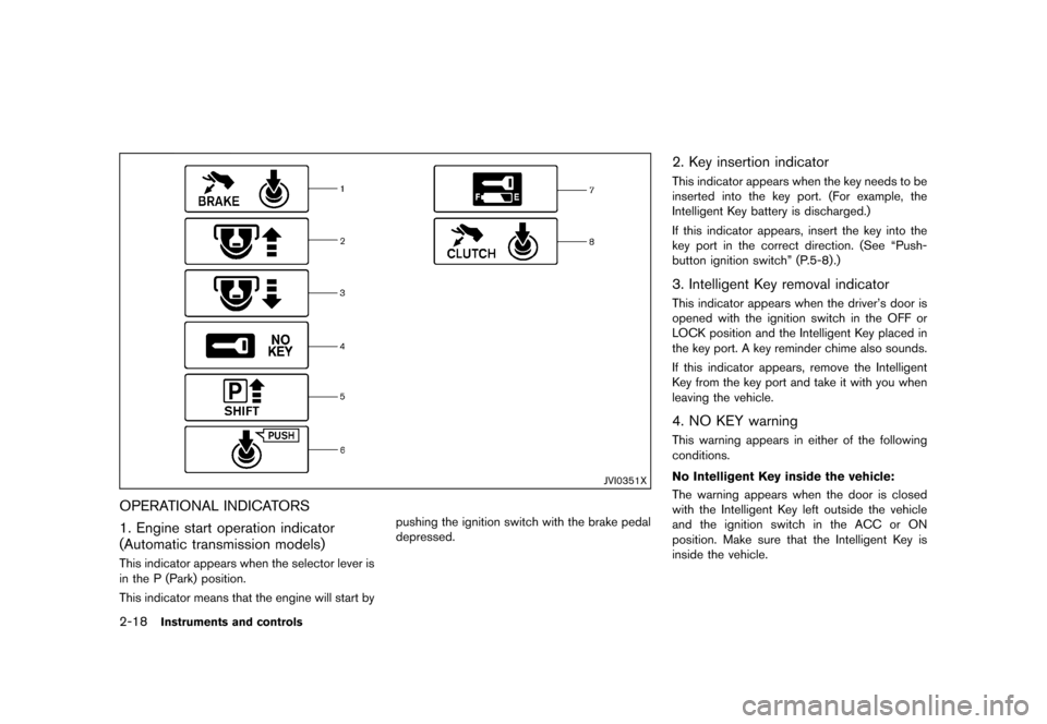 NISSAN 370Z COUPE 2013 Z34 Owners Manual Black plate (80,1)
[ Edit: 2012/ 4/ 11 Model: Z34-D ]
2-18Instruments and controls
JVI0351X
OPERATIONAL INDICATORSGUID-7FA2EA2D-4563-4901-A910-3AD21F615094
1. Engine start operation indicator
(Automat