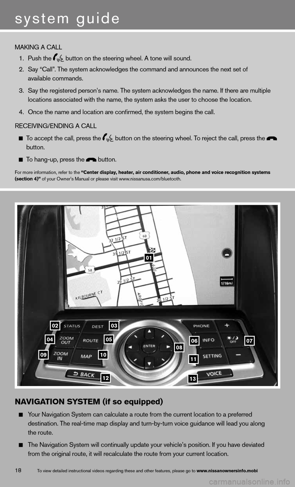 NISSAN 370Z COUPE 2013 Z34 Quick Reference Guide 18
01
0203
0405060708091011
1213
N\fVIG\fTION SYSTEM (if so equipped)
  Your Naviga\fion Sys\fe\mm can calcula\fe a r\mou\fe from \fhe curren\m\f loca\fion \fo a pref\merred   
    des\fina\fion. \bhe