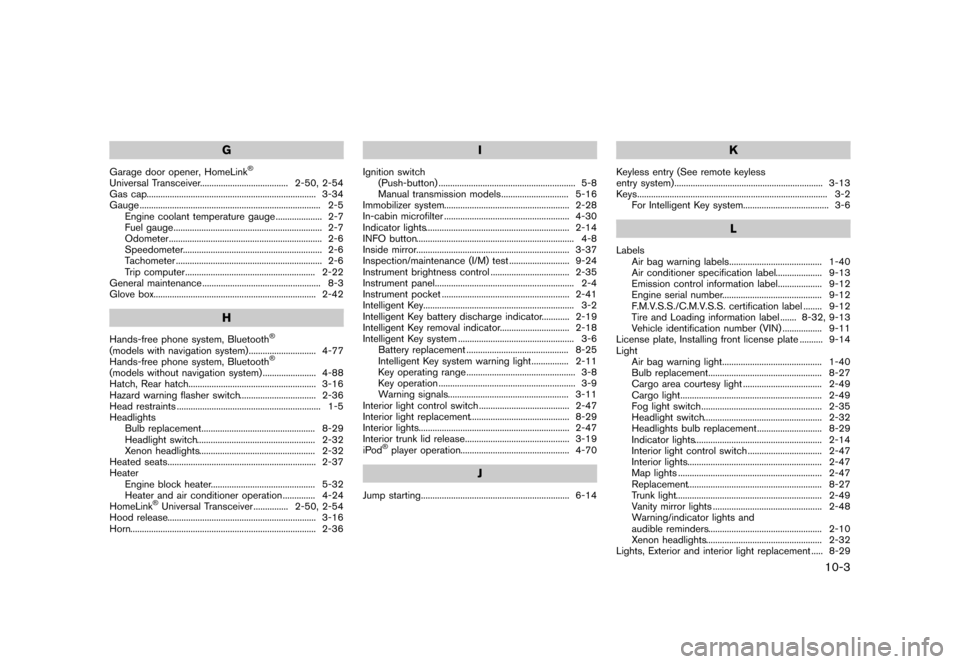 NISSAN 370Z ROADSTER 2013 Z34 Owners Manual Black plate (419,1)
[ Edit: 2012/ 4/ 11 Model: Z34-D ]
G
Garage door opener, HomeLink®
Universal Transceiver...
...................................... 2-50, 2-54
Gas cap ...
.........................
