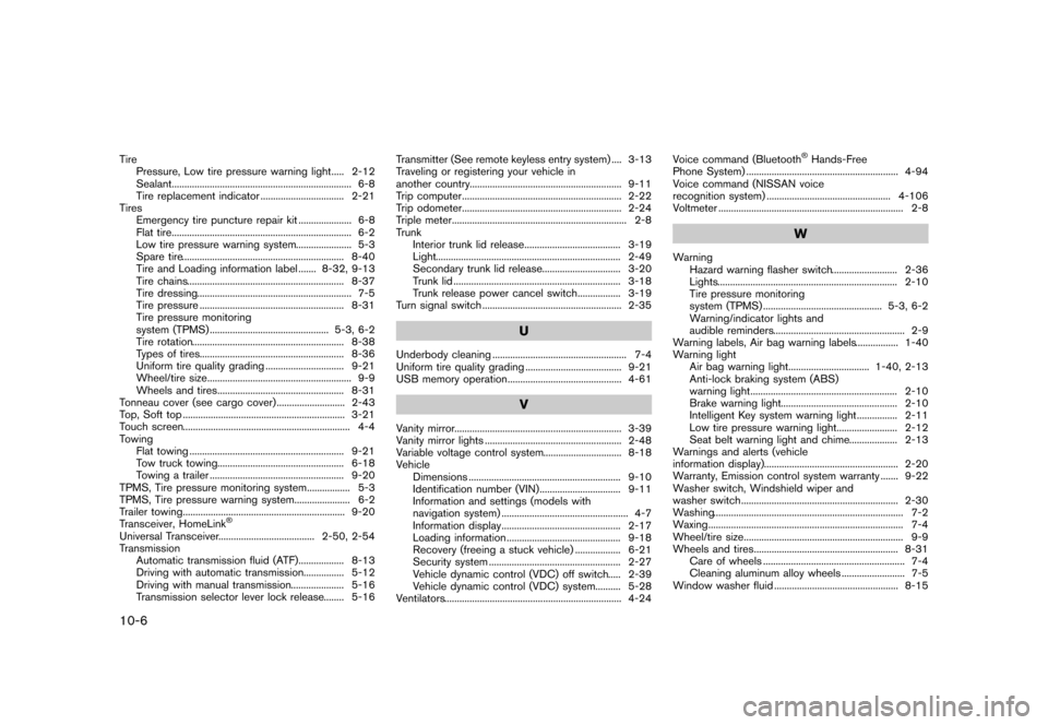NISSAN 370Z ROADSTER 2013 Z34 User Guide Black plate (422,1)
[ Edit: 2012/ 4/ 11 Model: Z34-D ]
10-6
TirePressure, Low tire pressure warning light ...
..... 2-12
Sealant ...
...................................................................