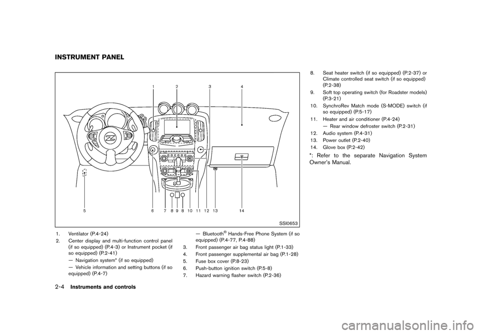 NISSAN 370Z ROADSTER 2013 Z34 Owners Manual Black plate (66,1)
[ Edit: 2012/ 4/ 11 Model: Z34-D ]
2-4Instruments and controls
GUID-354CD56D-BD15-4FBC-90E5-D8EA13355C2F
SSI0653
1. Ventilator (P.4-24)
2. Center display and multi-function control 