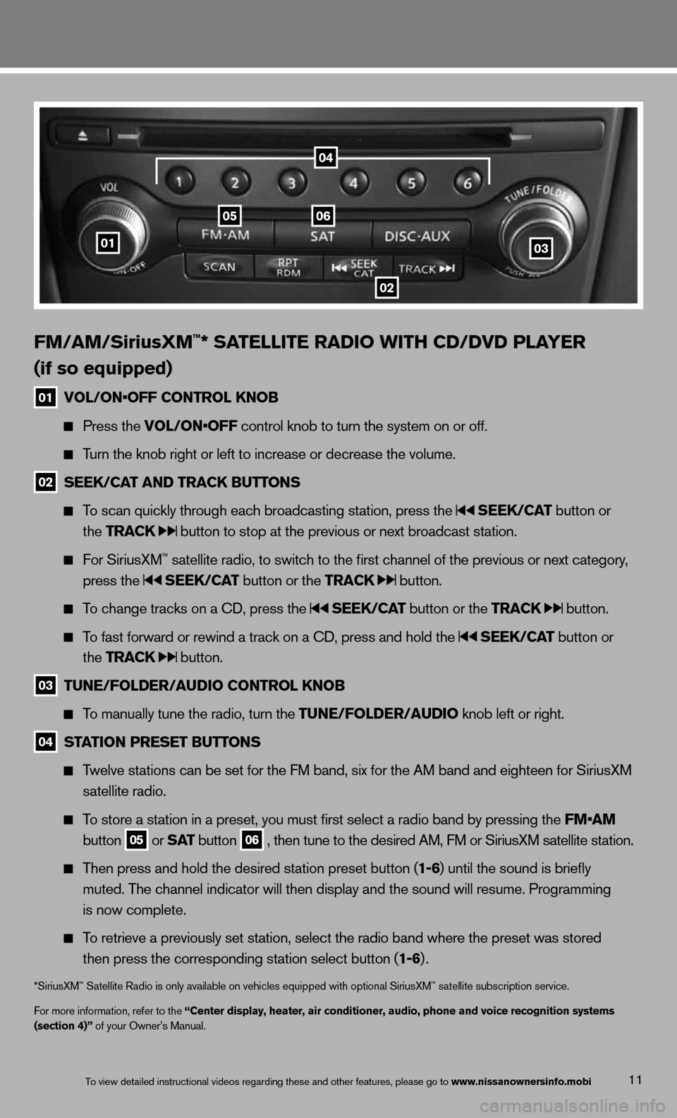 NISSAN 370Z ROADSTER 2013 Z34 Quick Reference Guide 11
FM/\fM/SiriusXM™* S\fTE\b\bITE R\fDIO WITH CD/\FDVD P\b\fYER
( if so equipped)
01 VO\b/ON•OFF CONTRO\b kNOB
Press \fhe VO\b/ON•OFF con\frol knob \fo \fur\mn \fhe sys\fem on or o\mff. NISSAN 370Z ROADSTER 2013 Z34 Quick Reference Guide 11
FM/\fM/SiriusXM™* S\fTE\b\bITE R\fDIO WITH CD/\FDVD P\b\fYER
( if so equipped)
01 VO\b/ON•OFF CONTRO\b kNOB
Press \fhe VO\b/ON•OFF con\frol knob \fo \fur\mn \fhe sys\fem on or o\mff.