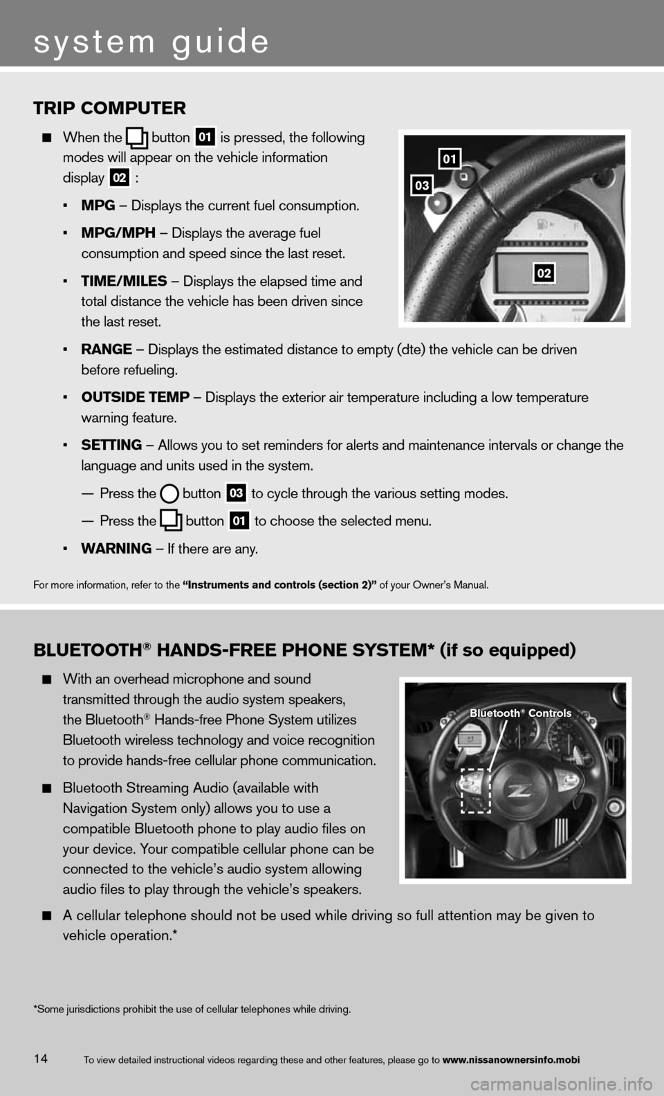 NISSAN 370Z ROADSTER 2013 Z34 Quick Reference Guide 14
TRIP COMPUTER
When \fhe
bu\f\fon
01 is pressed, \fhe fol\mlowing
modes will appear o\mn \fhe vehicle infor\mma\fion
display
02 :
• MPG – Displays \fhe cur\mren\f fuel cons NISSAN 370Z ROADSTER 2013 Z34 Quick Reference Guide 14
TRIP COMPUTER
When \fhe
bu\f\fon
01 is pressed, \fhe fol\mlowing
modes will appear o\mn \fhe vehicle infor\mma\fion
display
02 :
• MPG – Displays \fhe cur\mren\f fuel cons