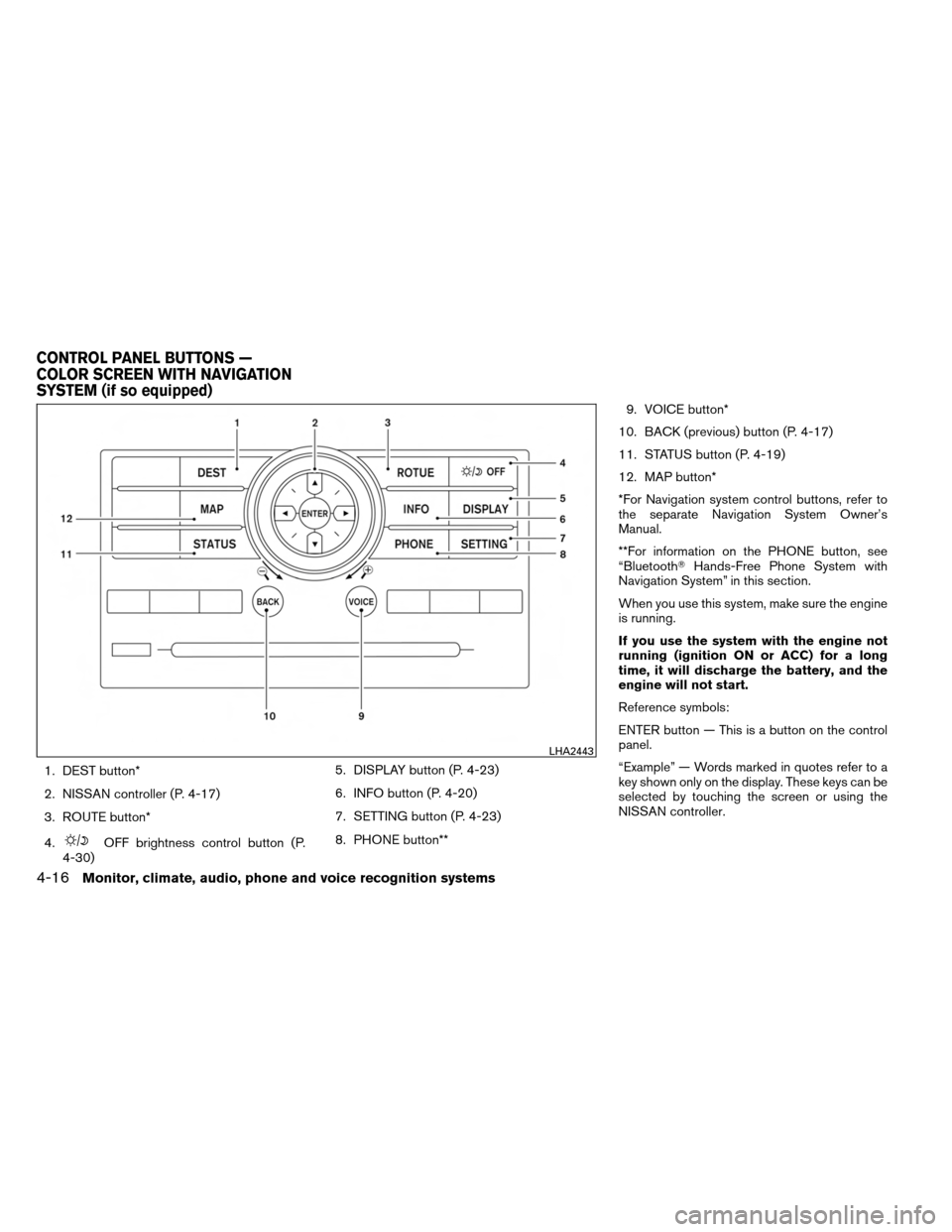 NISSAN ARMADA 2013 1.G Owners Manual 1. DEST button*
2. NISSAN controller (P. 4-17)
3. ROUTE button*
4.
OFF brightness control button (P.
4-30) 5. DISPLAY button (P. 4-23)
6. INFO button (P. 4-20)
7. SETTING button (P. 4-23)
8. PHONE but