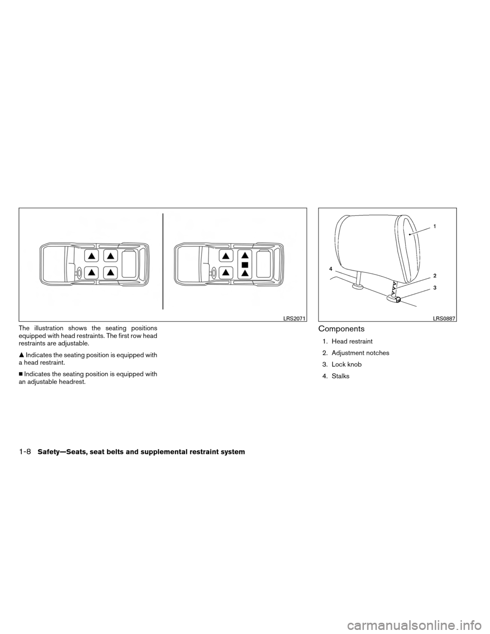 NISSAN ARMADA 2013 1.G Owners Manual The illustration shows the seating positions
equipped with head restraints. The first row head
restraints are adjustable.
Indicates the seating position is equipped with
a head restraint.
 Indicates
