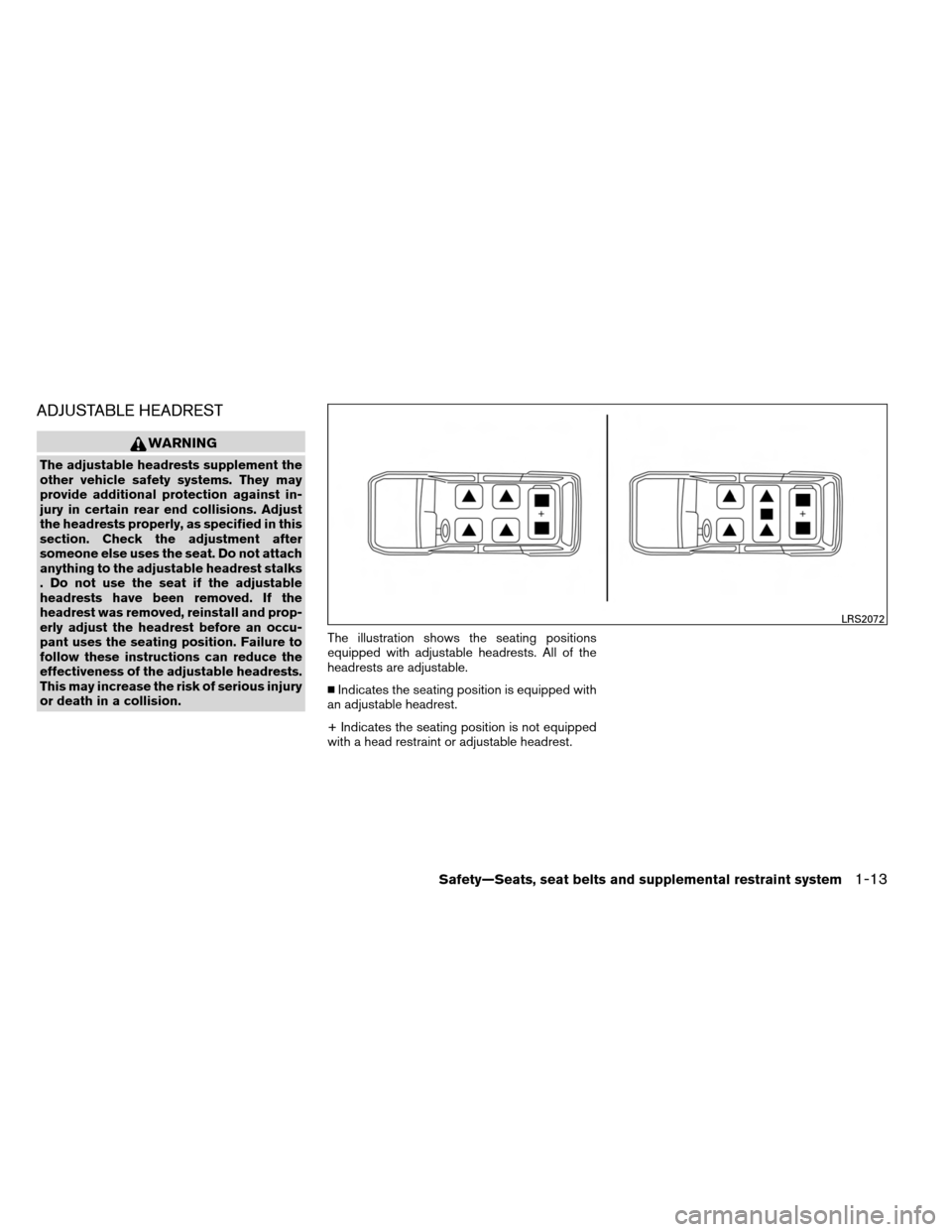 NISSAN ARMADA 2013 1.G User Guide ADJUSTABLE HEADREST
WARNING
The adjustable headrests supplement the
other vehicle safety systems. They may
provide additional protection against in-
jury in certain rear end collisions. Adjust
the hea