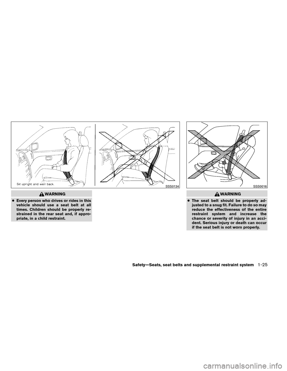 NISSAN ARMADA 2013 1.G Owners Manual WARNING
●Every person who drives or rides in this
vehicle should use a seat belt at all
times. Children should be properly re-
strained in the rear seat and, if appro-
priate, in a child restraint.
