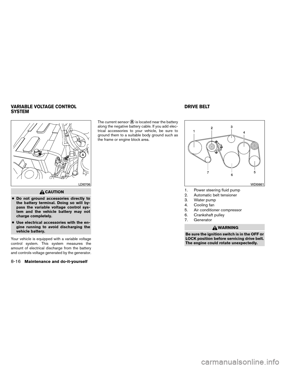 NISSAN ARMADA 2013 1.G Service Manual CAUTION
●Do not ground accessories directly to
the battery terminal. Doing so will by-
pass the variable voltage control sys-
tem and the vehicle battery may not
charge completely.
● Use electrica