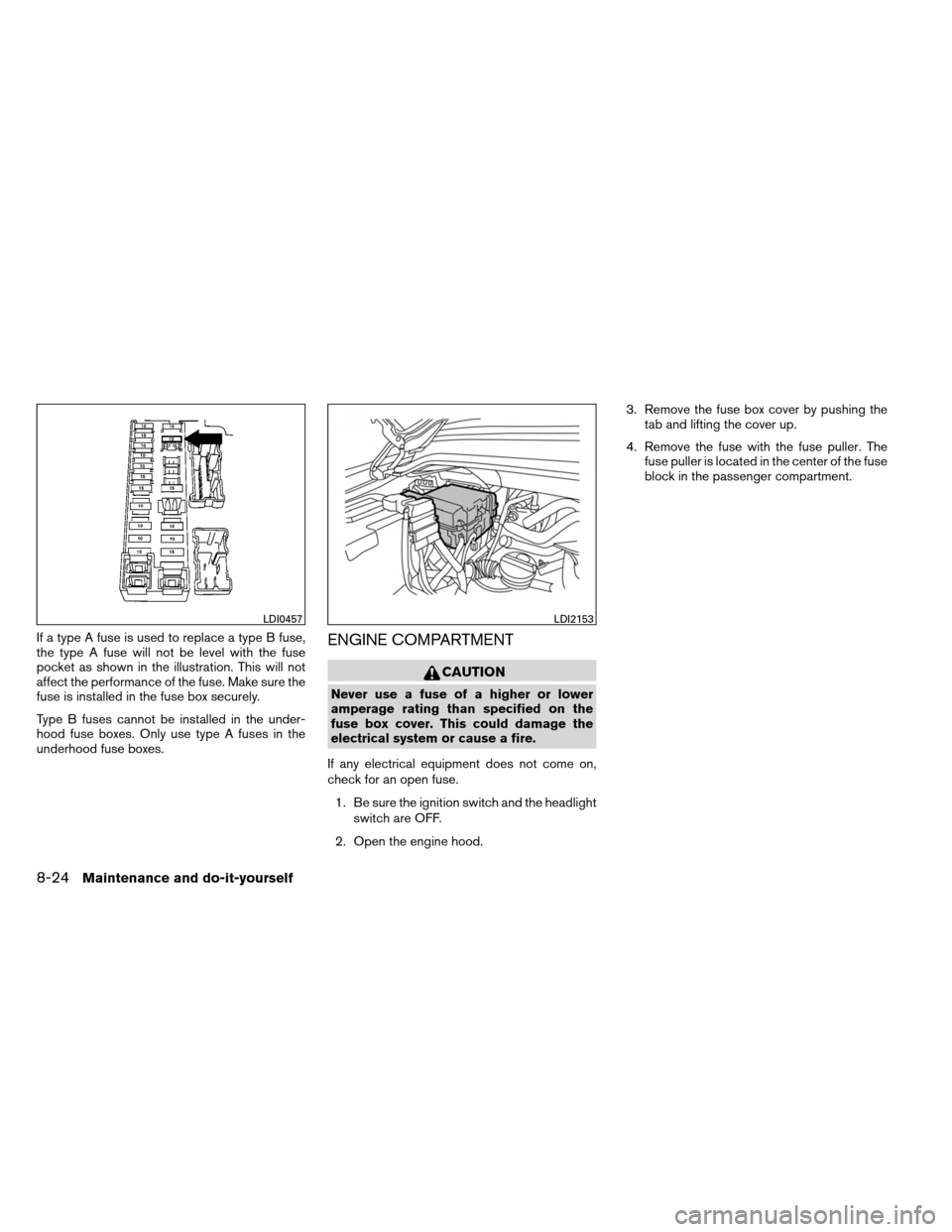 NISSAN ARMADA 2013 1.G Service Manual If a type A fuse is used to replace a type B fuse,
the type A fuse will not be level with the fuse
pocket as shown in the illustration. This will not
affect the performance of the fuse. Make sure the
