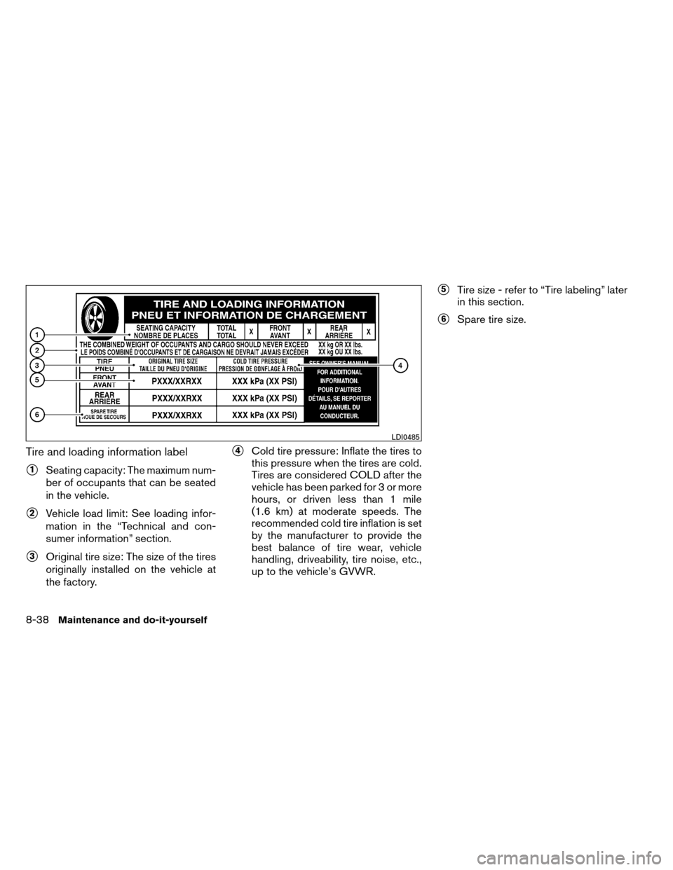 NISSAN ARMADA 2013 1.G User Guide Tire and loading information label
1Seating capacity: The maximum num-
ber of occupants that can be seated
in the vehicle.
2Vehicle load limit: See loading infor-
mation in the “Technical and con-