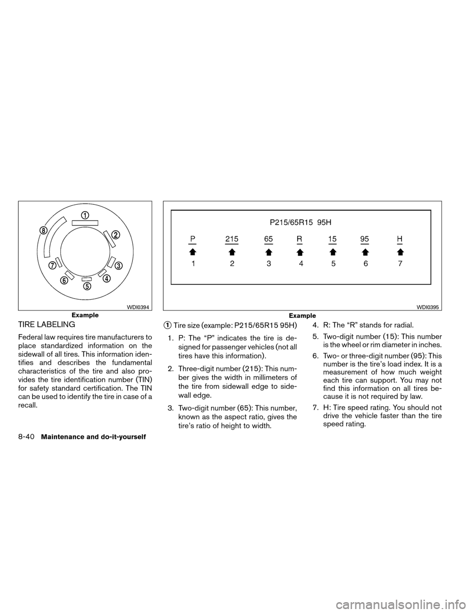 NISSAN ARMADA 2013 1.G Repair Manual TIRE LABELING
Federal law requires tire manufacturers to
place standardized information on the
sidewall of all tires. This information iden-
tifies and describes the fundamental
characteristics of the