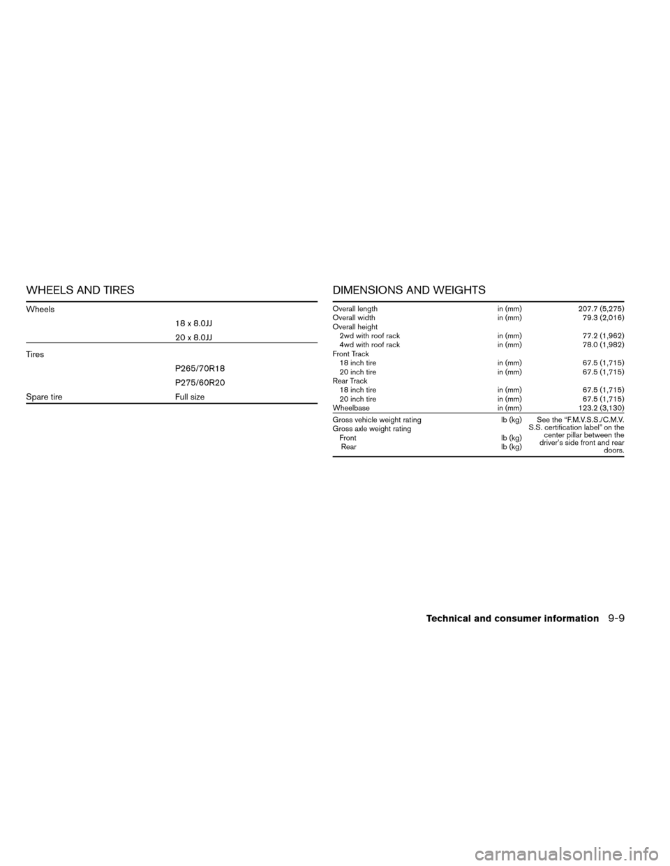 NISSAN ARMADA 2013 1.G Owners Manual WHEELS AND TIRES
Wheels18 x 8.0JJ
20 x 8.0JJ
Tires P265/70R18
P275/60R20
Spare tire Full size
DIMENSIONS AND WEIGHTS
Overall length in (mm)207.7 (5,275)
Overall width in (mm)79.3 (2,016)
Overall heigh