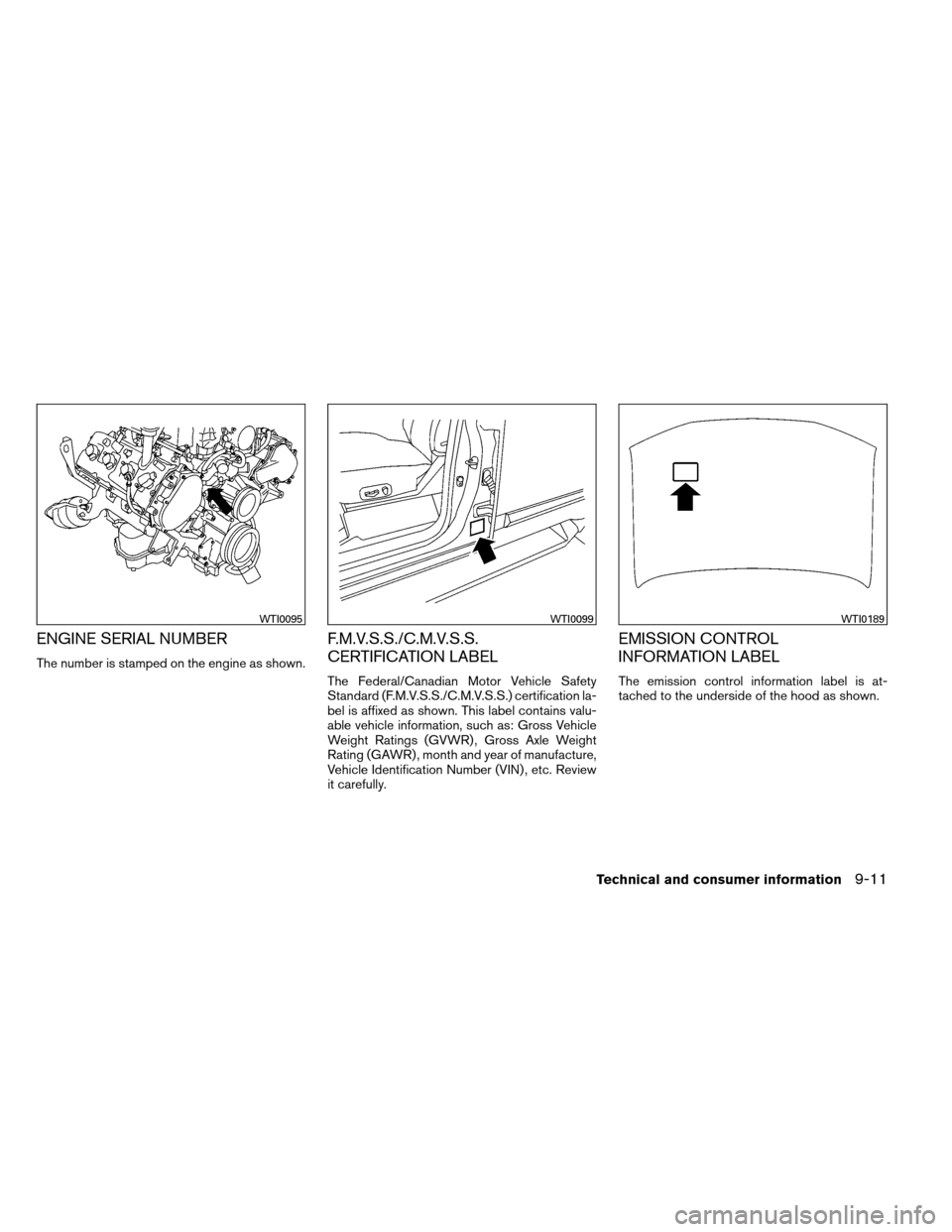 NISSAN ARMADA 2013 1.G Owners Manual ENGINE SERIAL NUMBER
The number is stamped on the engine as shown.
F.M.V.S.S./C.M.V.S.S.
CERTIFICATION LABEL
The Federal/Canadian Motor Vehicle Safety
Standard (F.M.V.S.S./C.M.V.S.S.) certification la