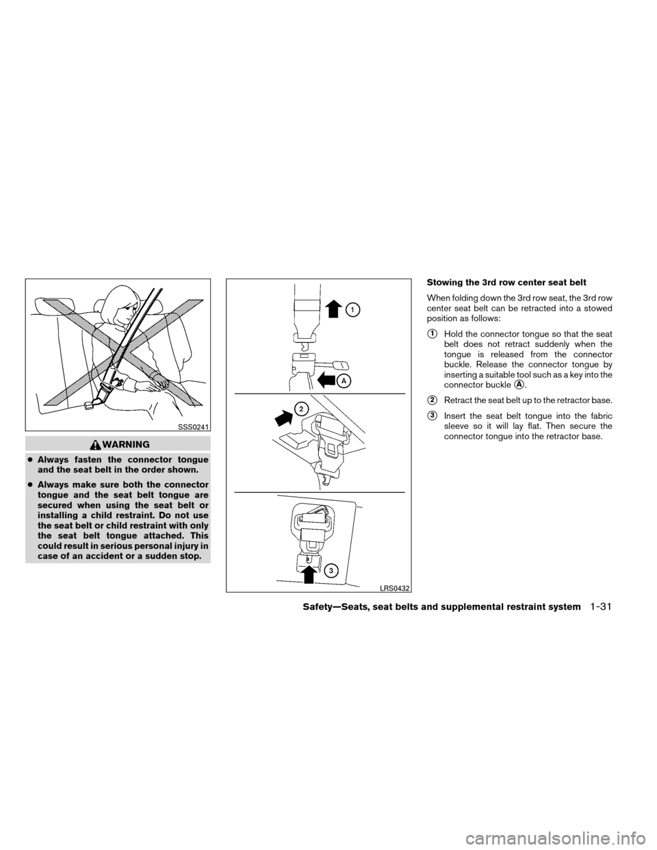 NISSAN ARMADA 2013 1.G Service Manual WARNING
●Always fasten the connector tongue
and the seat belt in the order shown.
● Always make sure both the connector
tongue and the seat belt tongue are
secured when using the seat belt or
inst