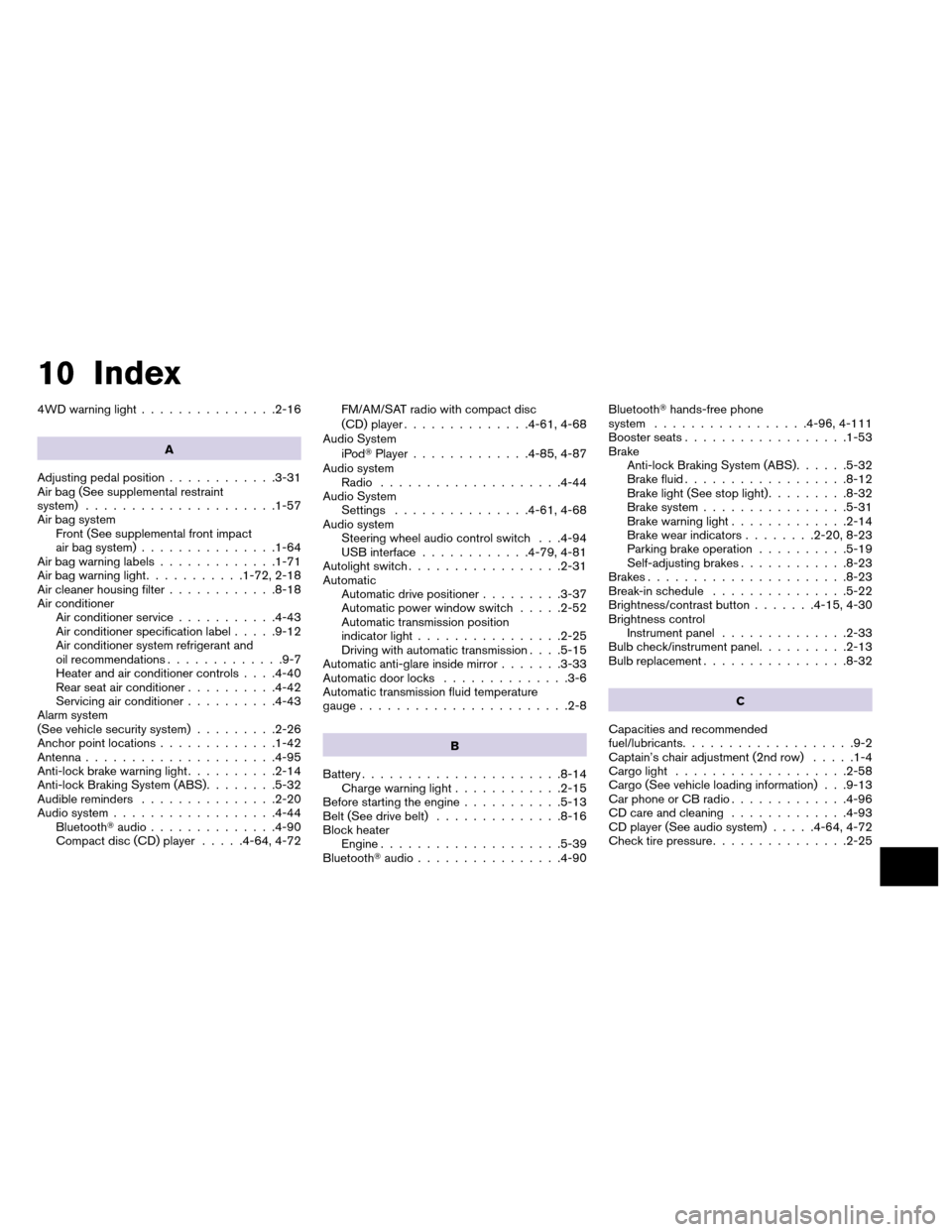 NISSAN ARMADA 2013 1.G Repair Manual 10 Index
4WD warning light...............2-16
A
Adjusting pedal position ............3-31
Air bag (See supplemental restraint
system) .....................1-57
Air bag system Front (See supplemental f