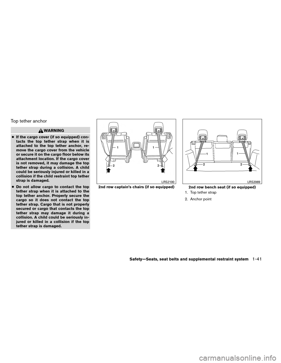 NISSAN ARMADA 2013 1.G Workshop Manual Top tether anchor
WARNING
●If the cargo cover (if so equipped) con-
tacts the top tether strap when it is
attached to the top tether anchor, re-
move the cargo cover from the vehicle
or secure it on NISSAN ARMADA 2013 1.G Workshop Manual Top tether anchor
WARNING
●If the cargo cover (if so equipped) con-
tacts the top tether strap when it is
attached to the top tether anchor, re-
move the cargo cover from the vehicle
or secure it on