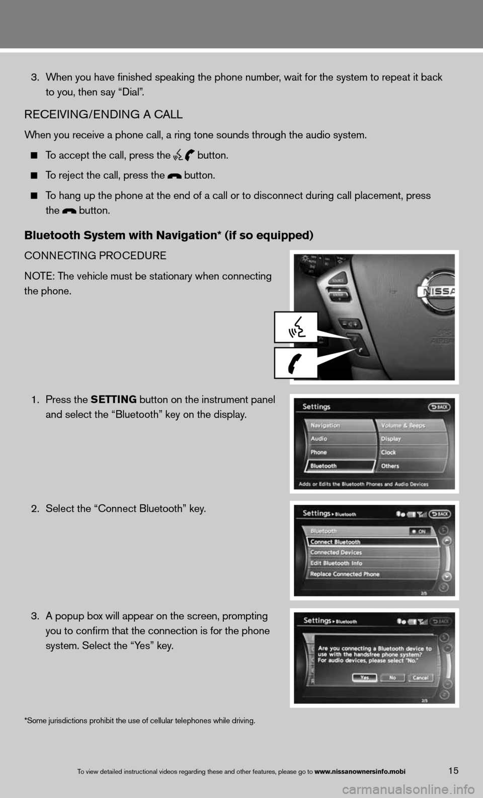 NISSAN ARMADA 2013 1.G Quick Reference Guide 15To view detailed in\fstructional videos\f regarding these a\fnd other features\f \fplease go to www.nissanownersin\Sfo.mobi
 3.  When you have finished speaking the phone number, wait for the system