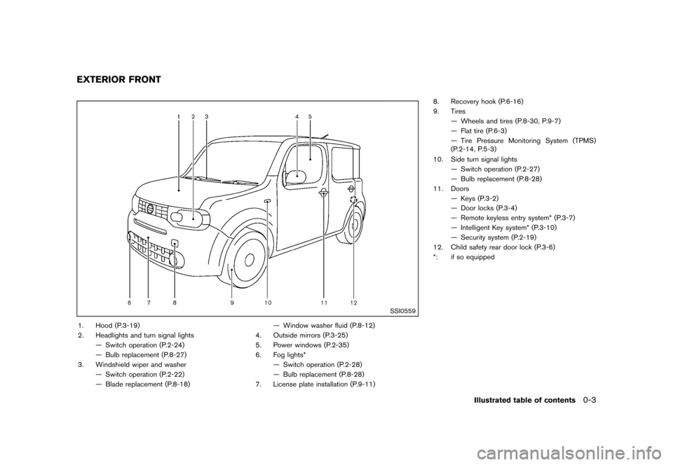 NISSAN CUBE 2013 3.G Owners Manual Black plate (9,1)
[ Edit: 2012/ 7/ 19 Model: Z12-D ]
GUID-BC8B3A52-B951-4906-AE1E-8CB7F7CB0F2C
SSI0559
1. Hood (P.3-19)
2. Headlights and turn signal lights— Switch operation (P.2-24)
— Bulb repla