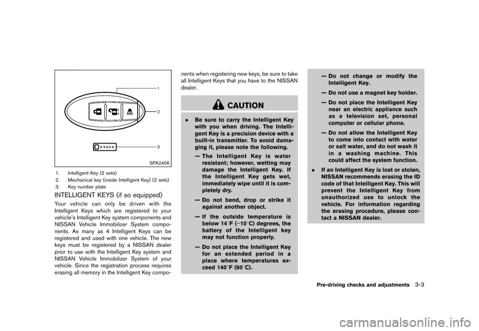 NISSAN CUBE 2013 3.G Owners Manual Black plate (115,1)
[ Edit: 2012/ 7/ 19 Model: Z12-D ]
SPA2406
1. Intelligent Key (2 sets)
2. Mechanical key (inside Intelligent Key) (2 sets)
3. Key number plate
INTELLIGENT KEYS (if so equipped)GUID