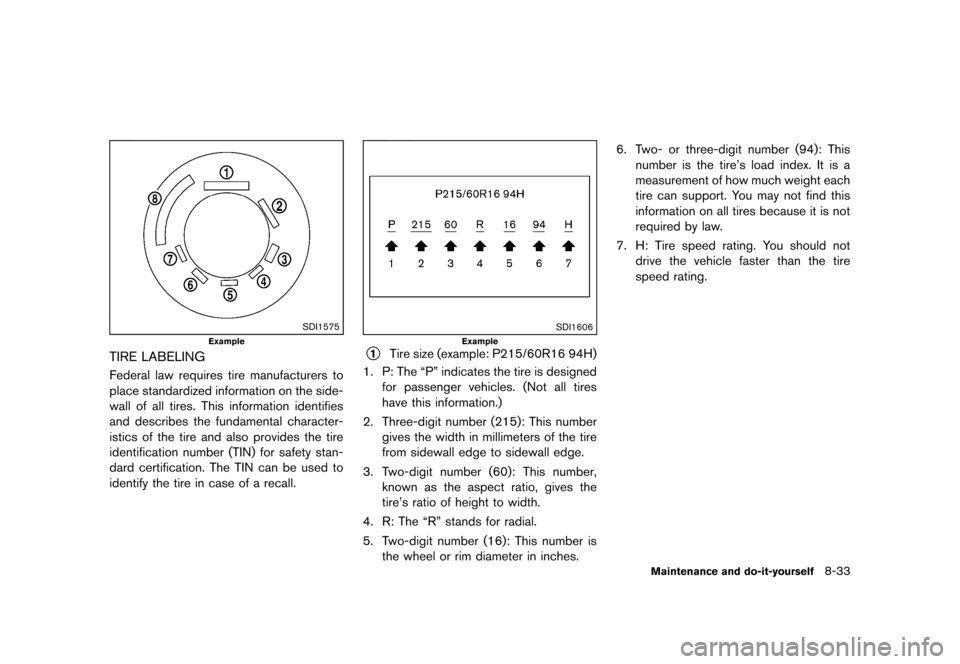 NISSAN CUBE 2013 3.G Owners Manual Black plate (293,1)
[ Edit: 2012/ 7/ 19 Model: Z12-D ]
SDI1575
Example
TIRE LABELINGGUID-34A943F6-FB9D-423D-B185-641C4E2F9F81Federal law requires tire manufacturers to
place standardized information o