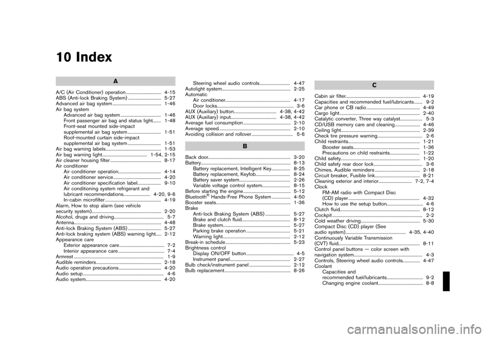 NISSAN CUBE 2013 3.G Owners Manual Black plate (321,1)
[ Edit: 2012/ 7/ 19 Model: Z12-D ]
10 Index
A
A/C (Air Conditioner) operation...
.............................. 4-15
ABS (Anti-lock Braking System) ...
............................