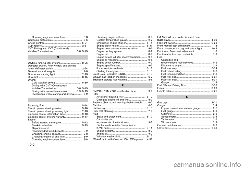 NISSAN CUBE 2013 3.G User Guide Black plate (322,1)
[ Edit: 2012/ 7/ 19 Model: Z12-D ]
10-2
Checking engine coolant level...
............................. 8-8
Corrosion protection ...
................................................